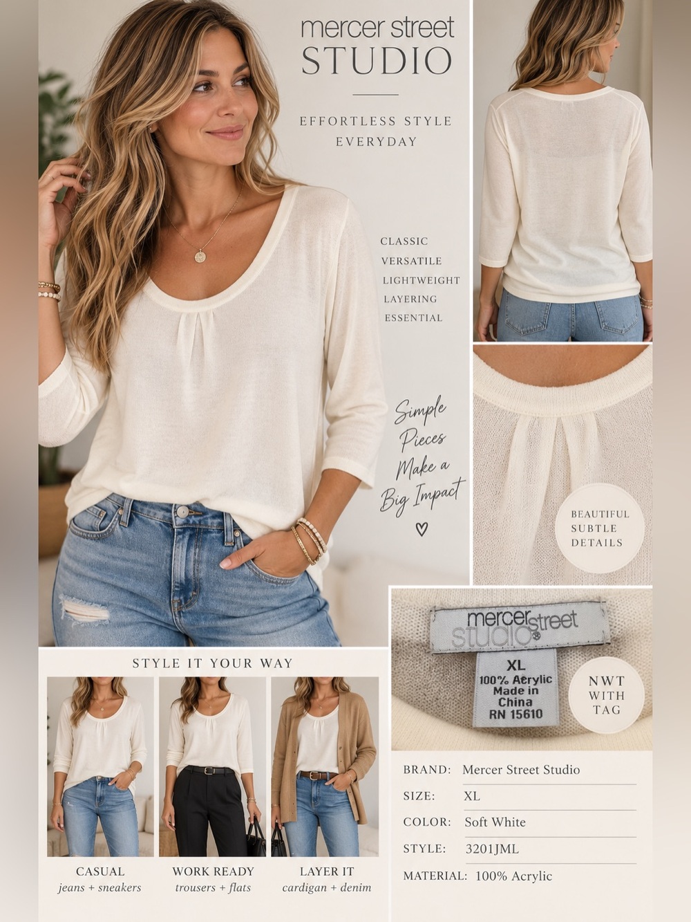 Mercer Street Studio Soft White Lightweight Knit Scoop Neck Top XL